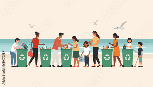 Diverse Group of People Recycling Trash on Sandy Beach, Promoting Environmental Awareness.