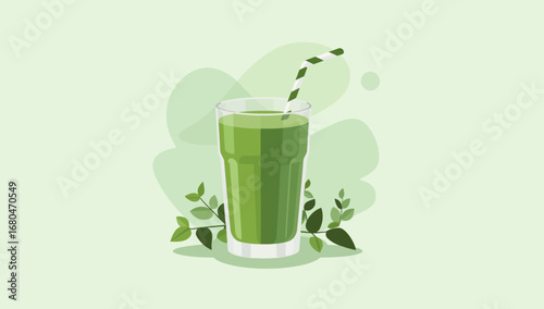 Refreshing Green Smoothie in Glass with Striped Straw and Leafy Garnish