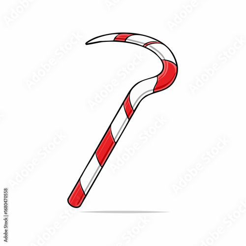 Whimsical red and white striped candy cane illustration, creatively shaped into a unique curved design, ideal for festive and sweet holiday concepts