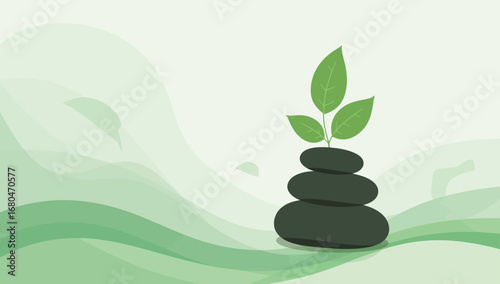 Stacked dark stones with vibrant green leaves, symbolizing growth and balance.