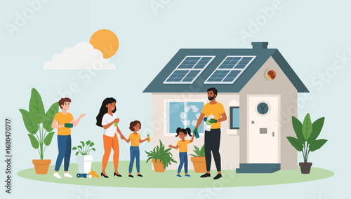 Eco-Conscious Family Tending Garden Near Solar Home