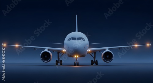 Front view of a white passenger airplane on a dark blue background at night aircraft