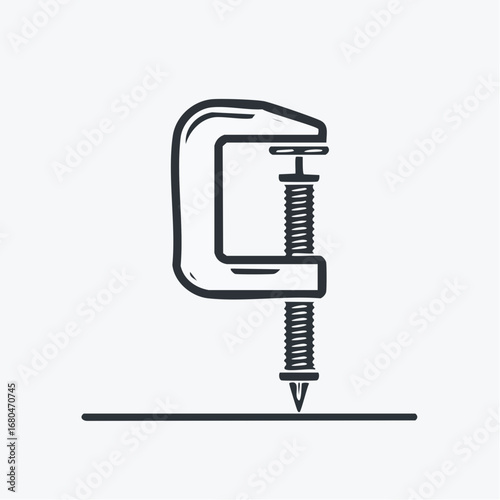 Clean line art icon depicting a sturdy G-clamp, a fundamental tool for secure fastening and holding, perfect for industrial, workshop, or DIY project graphics and design