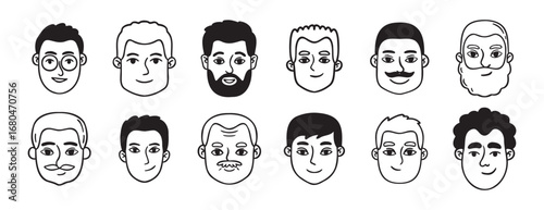 men portraits male doodles set doodle hand drawn icon set. Outline drawing man heads and faces line clipart symbol collection.
