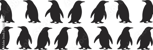 Minimalistic penguin silhouettes in uniform standing poses, arranged in rows, black shapes on white background, vector-style animal artwork.