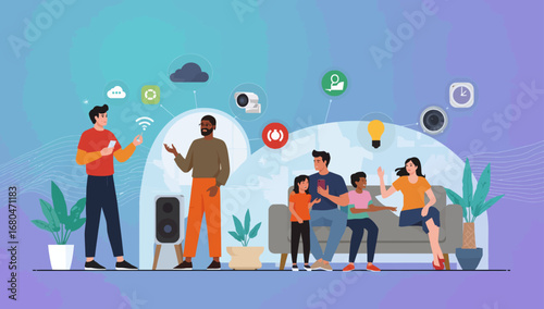 Diverse family interacting with smart home technology in a modern living room