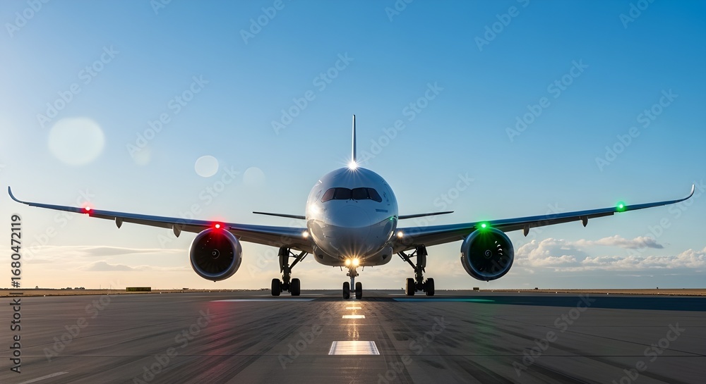 Obraz premium White passenger airplane with red and green wingtip lights on an airport runway aircraft