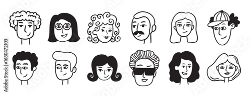 people avatars for social media, website doodle hand drawn icon set. Outline drawing trendy portraits girls and guys line clipart symbol collection. 