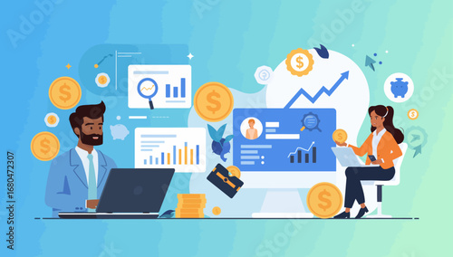 Financial Analysts Analyzing Data with Charts, Coins, and Laptop Computers