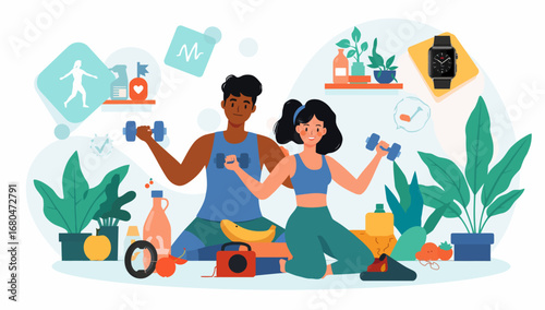 Diverse couple exercising with dumbbells surrounded by healthy lifestyle elements