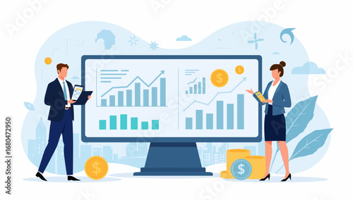 Business professionals analyzing financial data on a large screen with dollar coins