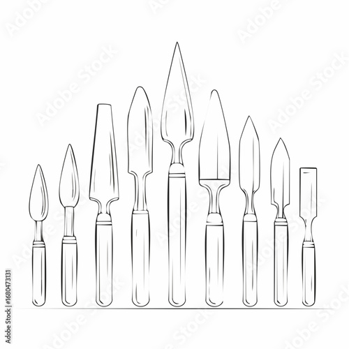 A collection of assorted gardening trowels and hand tools in a line, presented in a sketch illustration style against a white background