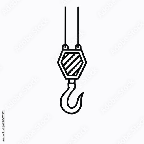 Simple black and white line art depicting a robust crane hook, essential equipment for heavy lifting operations and construction projects, representing strength and engineering