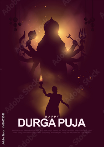 illustration of lady performing dhunuchi dance in Happy Durga Puja Subh Navratri Indian religious background design.	
