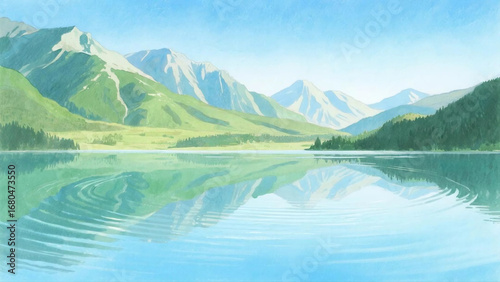 Picturesque Mountain Lake Landscape with Clear Water and Ripples
