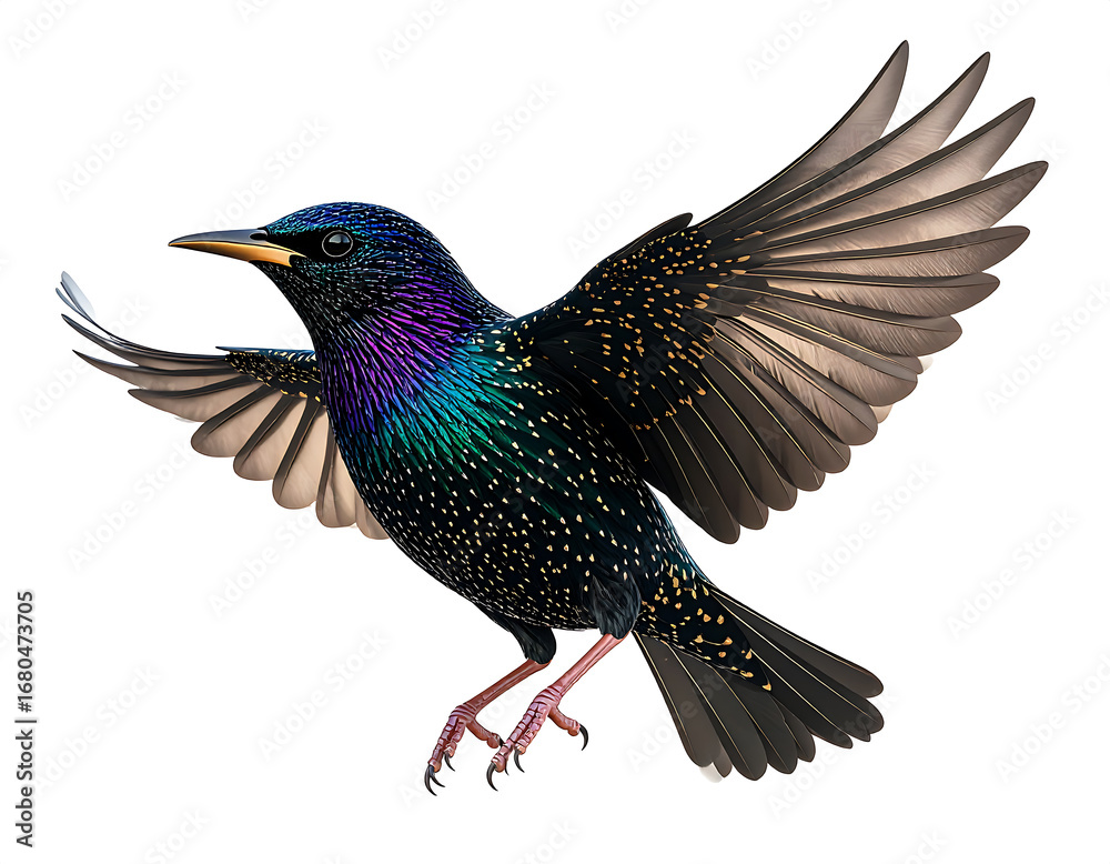 Obraz premium Starling catches the light with iridescent feathers on a white background