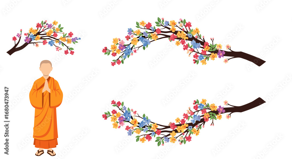 Fototapeta premium Monk meditating surrounded by delicate blossoming tree branches in full spring bloom