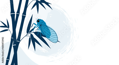 Blue cicada perched on bamboo branch under a pale moonlit sky