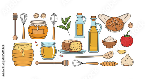 Illustrations of honey jars bread olive oil garlic and other foods for culinary themes