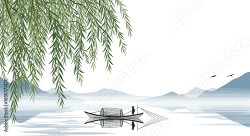 Serene riverside landscape with traditional fishing boat beneath weeping willow branches and distant misty mountains in artistic east asian style