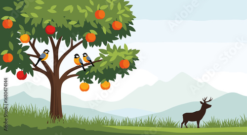 A majestic deer wanders through a verdant meadow past a fruit laden tree with perched birds on a peaceful morning