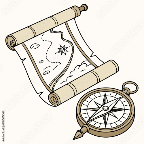 Illustration of a rolled map with a dotted path and a compass for navigation and exploration theme created with generated ai