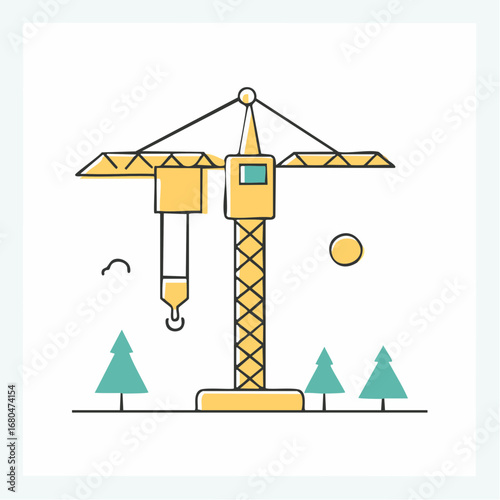 Line art illustration of a tower crane on a construction site, symbolizing urban development and industrial growth
