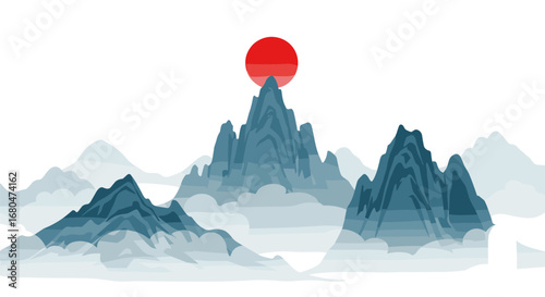 Misty mountain landscape with a vivid red sun ascending above the jagged peaks