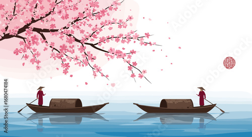 Two fishermen row boats under a majestic cherry blossom tree on a serene lake