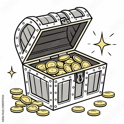 An opened treasure chest overflowing with gold coins and a scattering of coins around the chest icon created with generated ai