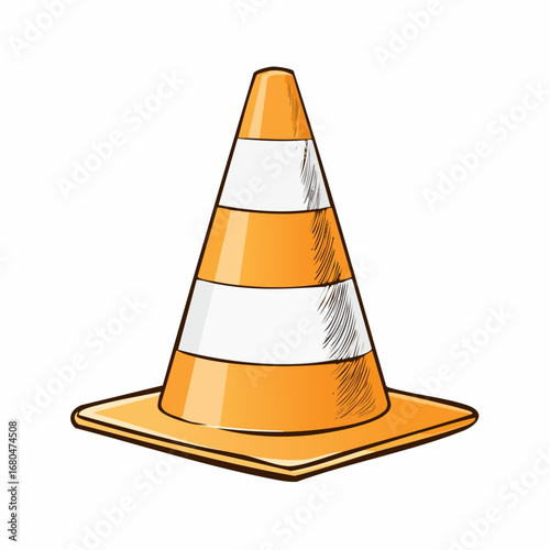 Hand-drawn illustration of a striped orange traffic cone. Sketchy safety pylon for road work and construction isolated on a white background