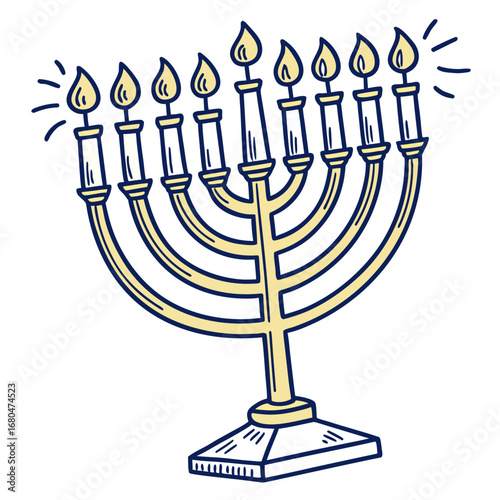 Illustration of a hanukkah menorah with nine lit candles and decorative lines around the flames created with generated ai