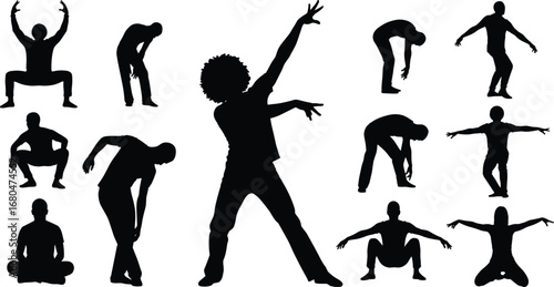 "Silhouette of People in Dynamic Fitness, Stretching, and Dance Poses for Health and Wellness"
