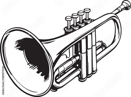 Trumpet black and white line art illustration showing valves, bell, and mouthpiece for music education and design themes