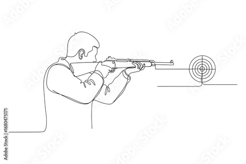 continuous line drawing of a man aiming a rifle at a target illustration Design