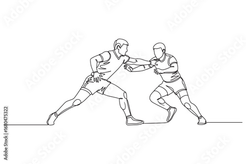 continuous line drawing of two wrestlers grappling in a competitive match