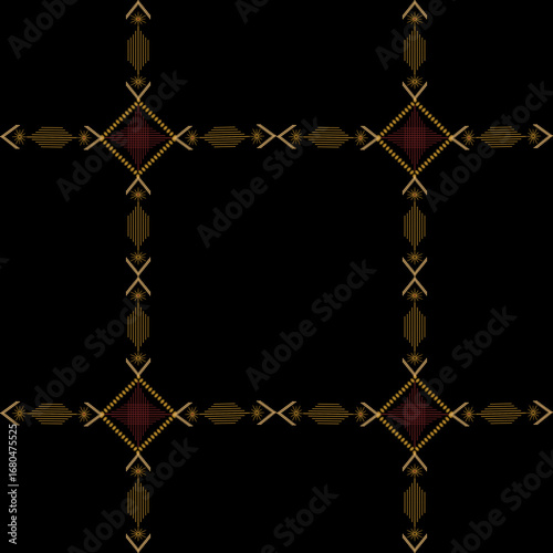 Intricate gold floral and geometric patterns on a black background, creating a luxurious and traditional aesthetic.
