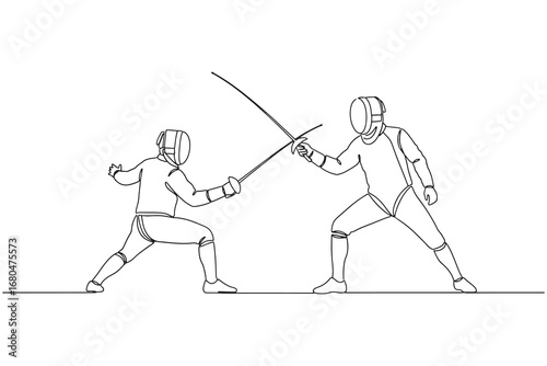 Continuous line drawing of two fencers in protective gear engaged in a duel