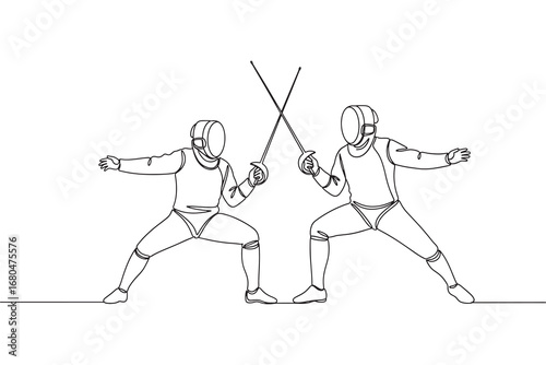 Continuous line drawing of two fencers in protective gear facing each other with swords crossed