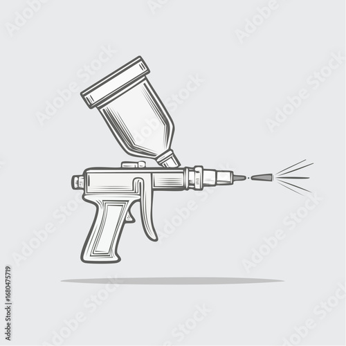Monochrome sketch illustration of a professional airbrush spray gun. Hand-drawn icon representing painting, finishing, and artistic application