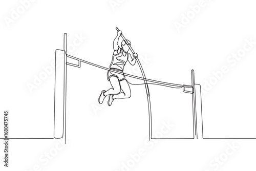 Continuous line drawing of athlete performing a pole vault jump