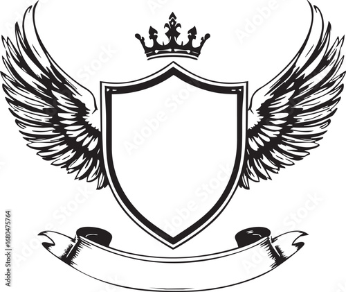 Heraldic shield with wings crown and ribbon banner black and white line art illustration for emblem logo and royal design themes