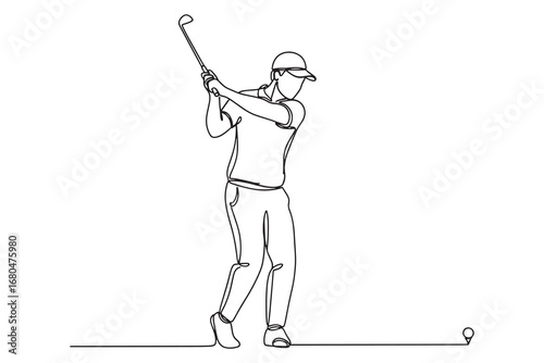 Continuous line drawing of golfer swinging a club during a game