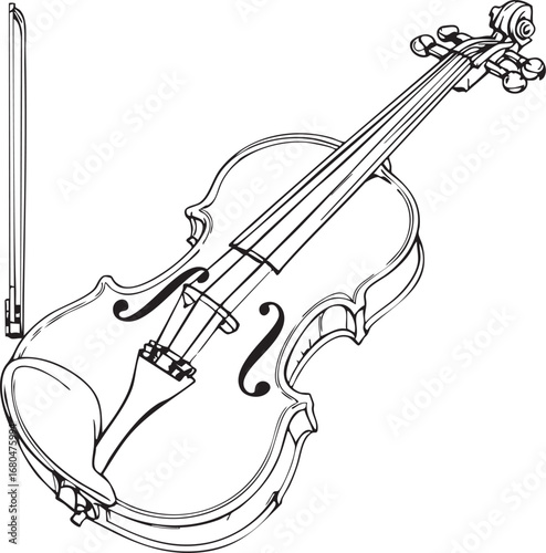 Violin with bow black and white line art illustration showing classical string instrument for music education and design themes