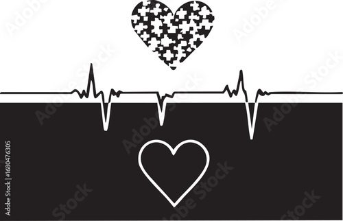 Heartbeat line with puzzle heart and solid heart black and white illustration for love emotion health and symbolic design themes