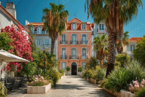 Sunny courtyard with terracotta buildings and palm trees
