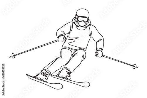 continuous line drawing of a skier skiing downhill with ski poles