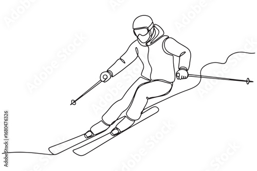 continuous line drawing of a skier skiing downhill with ski poles
