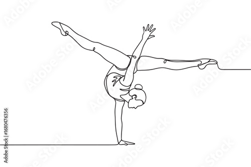 Continuous line drawing of gymnast performing a split handstand