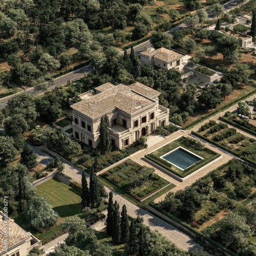 Aerial view of a large, elegant estate with a classical-style house, gardens, and pool